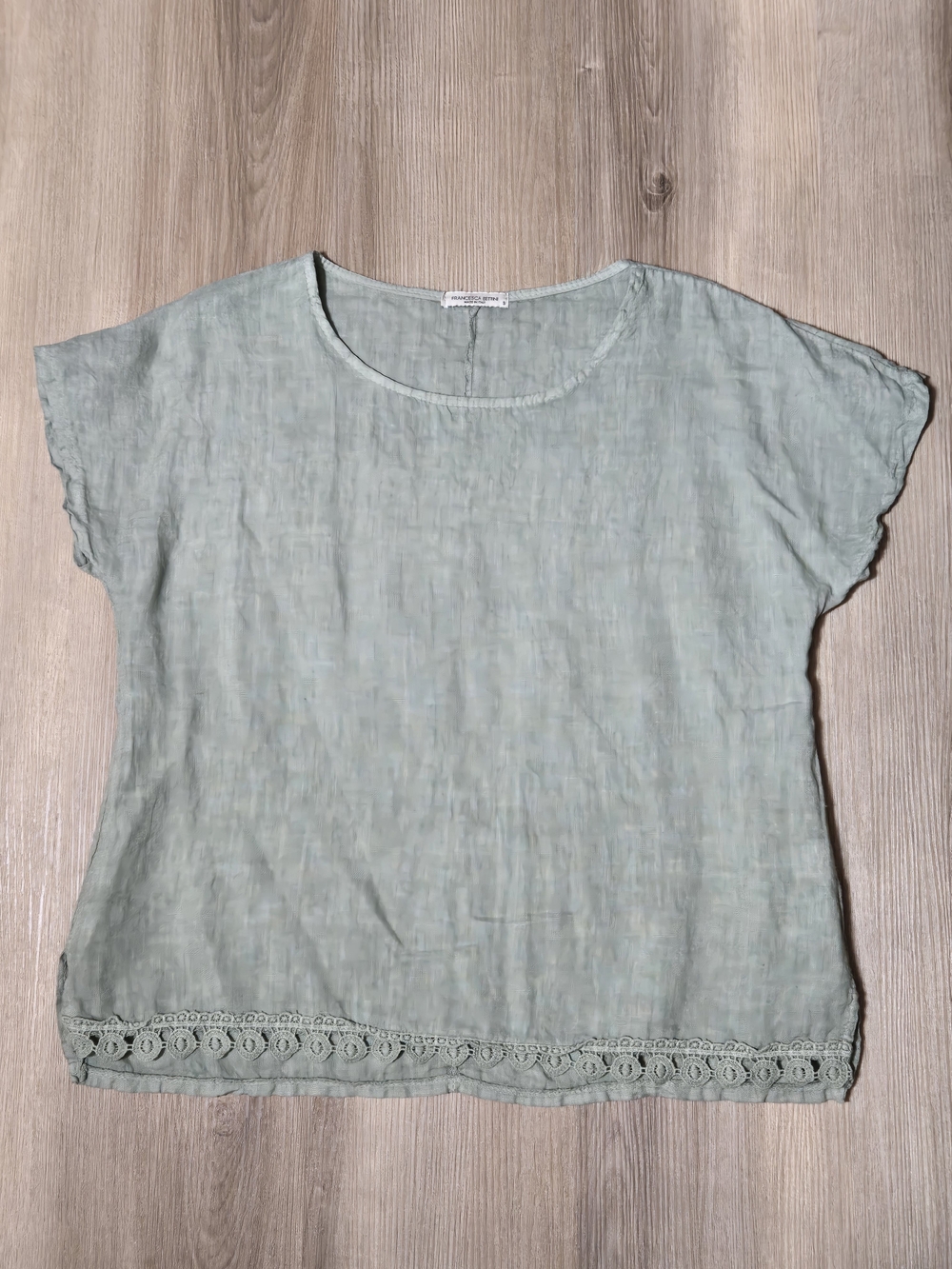 Francesca's Collection Sage Linen Short Sleeve Top with Lace Trim